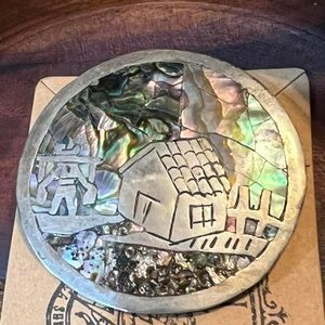 2”  Pendant / Brooch Abalone Inlay with Native Design Stamped Taxco